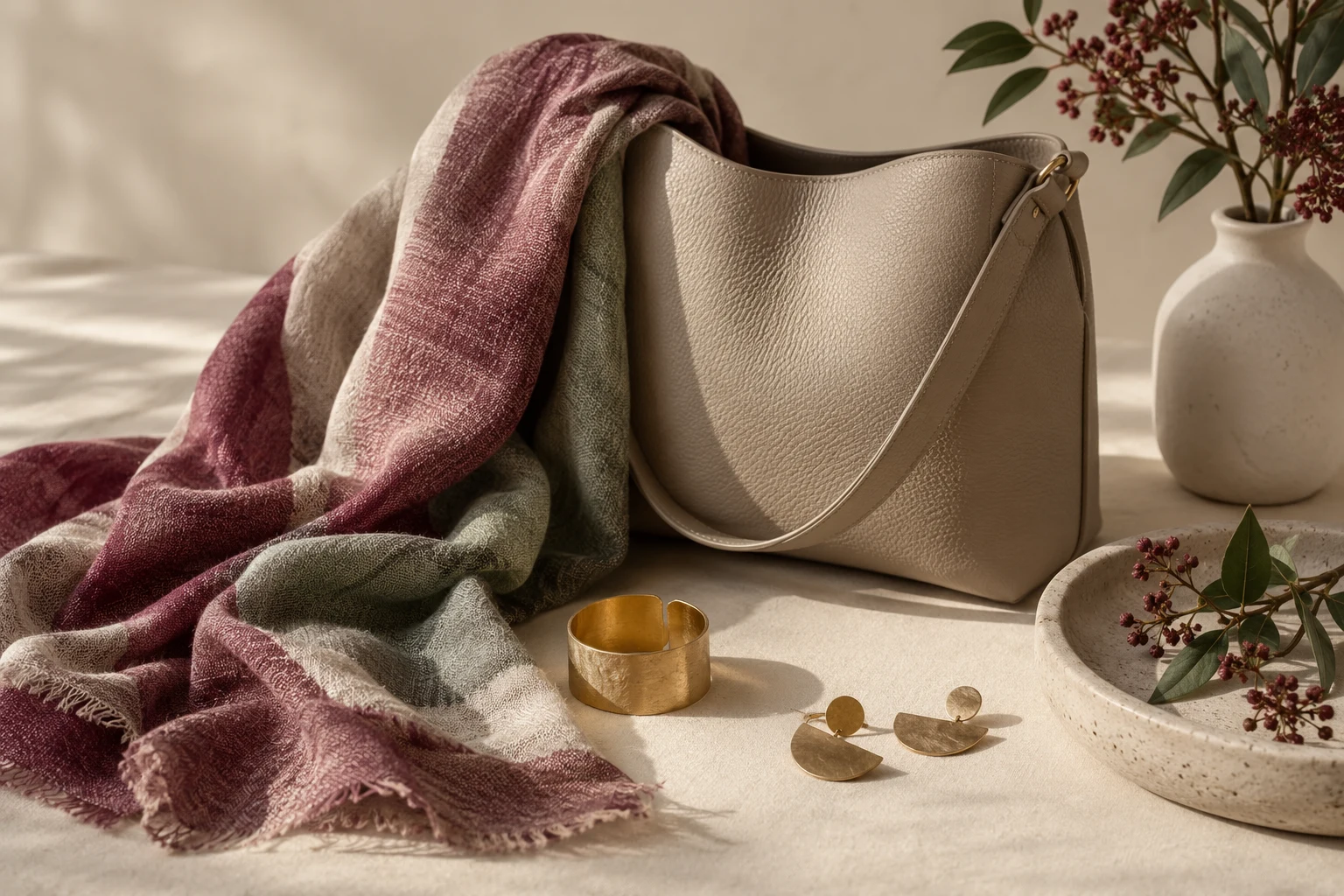 A fictional arrangement of a cream bag, berry and sage scarf and geometric gold-coloured jewellery.